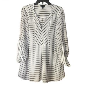 Lane Bryant White Gray Striped Blouse Roll Tab Sleeve - Size 22 / 24